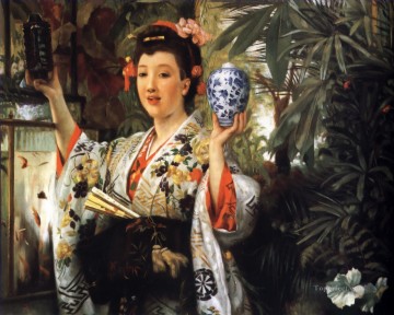  japon Lienzo - Señorita Sosteniendo Objetos Japoneses James Jacques Joseph Tissot